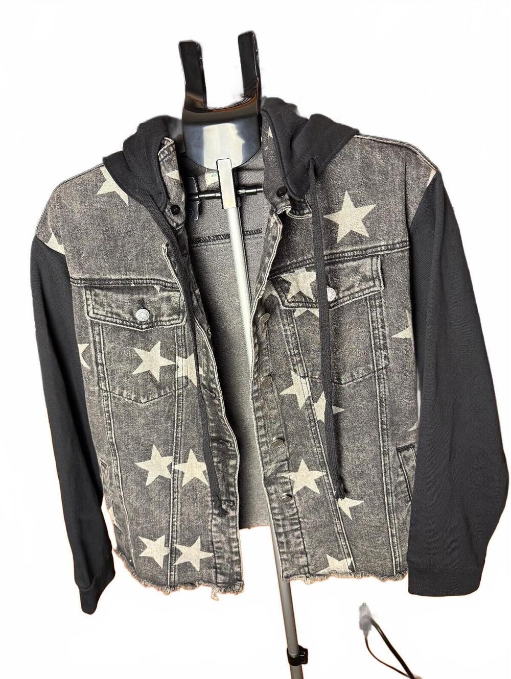 Star Print Denim Jacket w Hoodie Crop Top vintage Stone wash sz L Womens